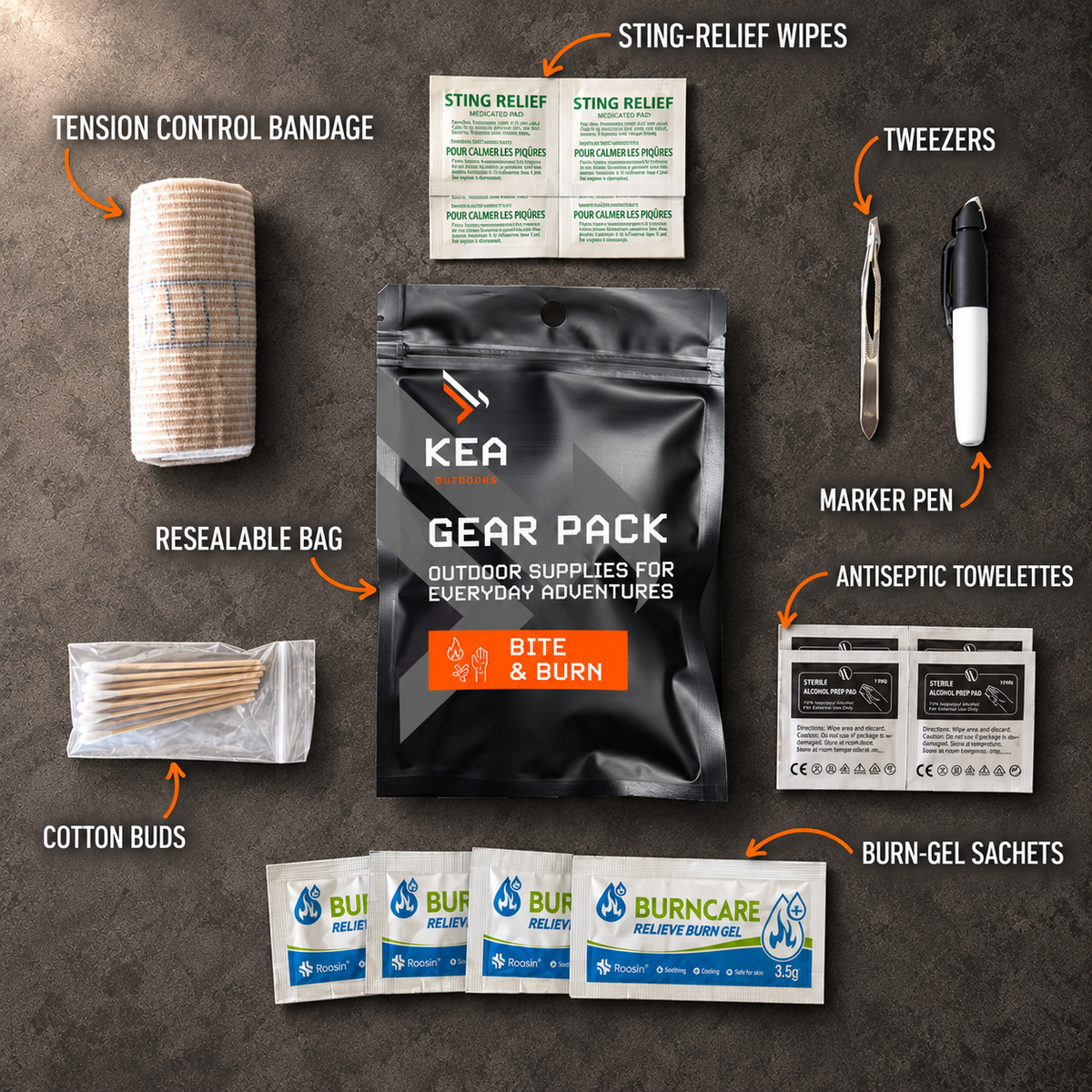 KEA Bite and Burn Pack contents flat lay with labelled items on an industrial grey surface