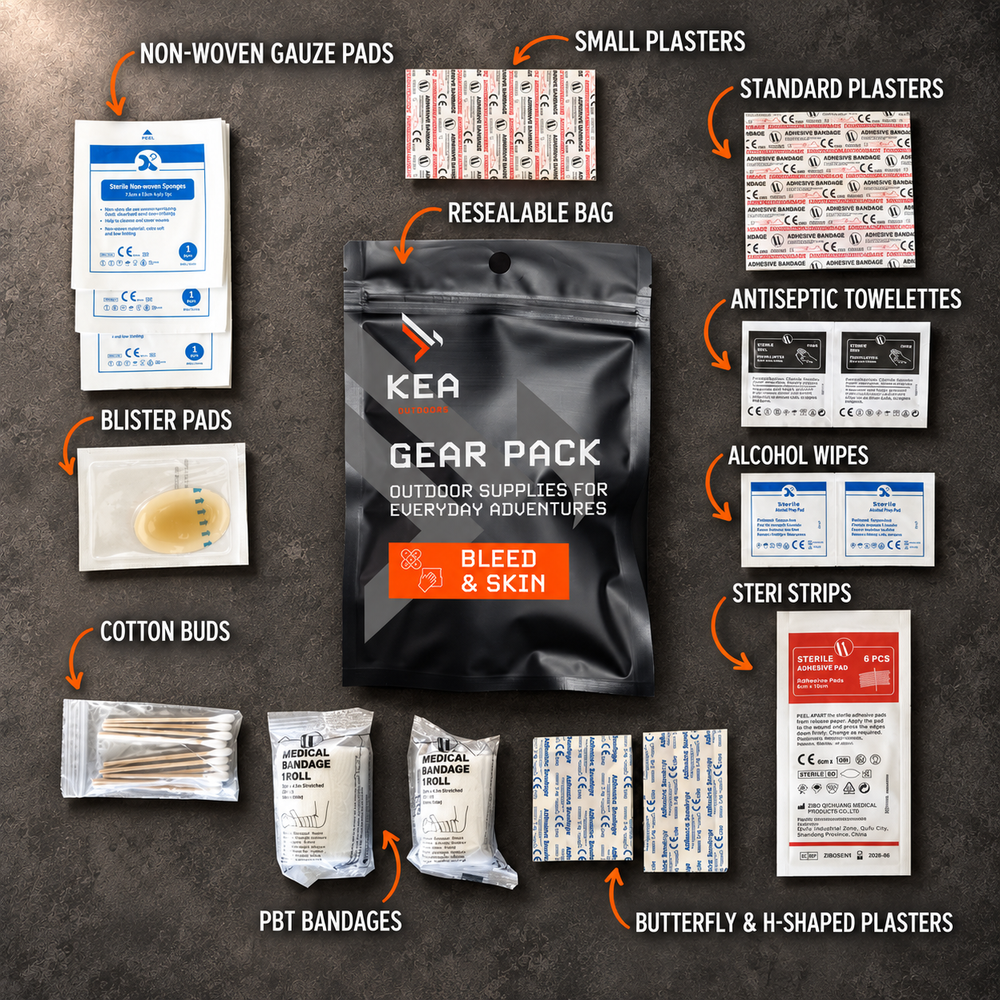 KEA Bleed and Skin Pack contents flat lay with labelled items on an industrial grey surface
