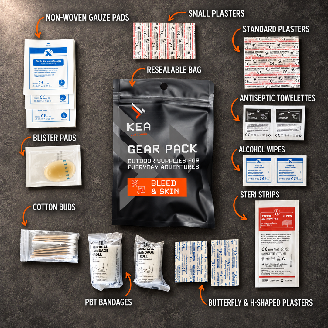 KEA Bleed and Skin Pack contents flat lay with labelled items on an industrial grey surface