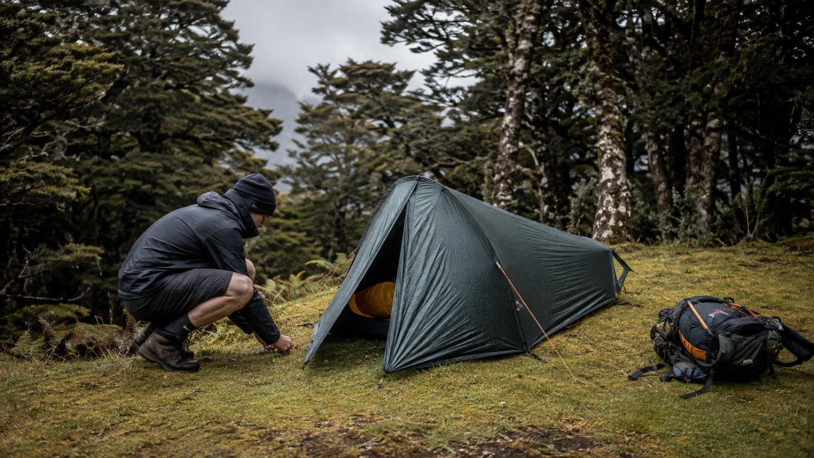 Tramper checking the guylines of a tent in New Zealand native bush