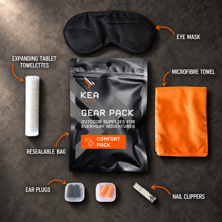 KEA Sleep and Comfort Pack contents flat lay with labelled items on an industrial grey surface